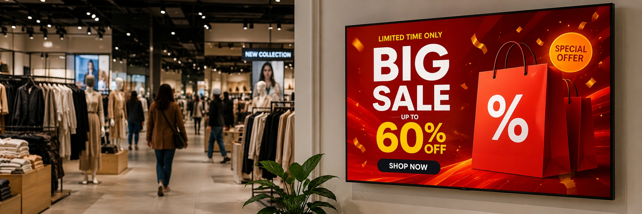 Large digital signage screen displaying a bright retail sale advertisement inside a modern fashion store with clothing racks and shoppers in the background.
