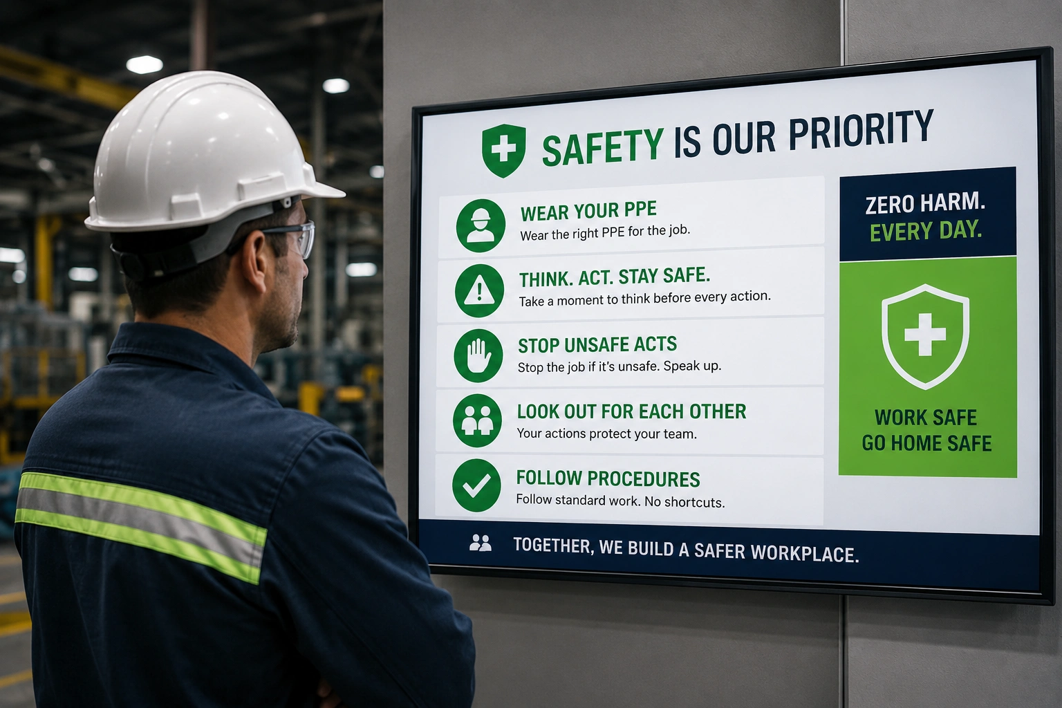 Factory worker in a white hard hat looking at a digital safety message display screen with PPE and workplace safety instructions inside a manufacturing plant.