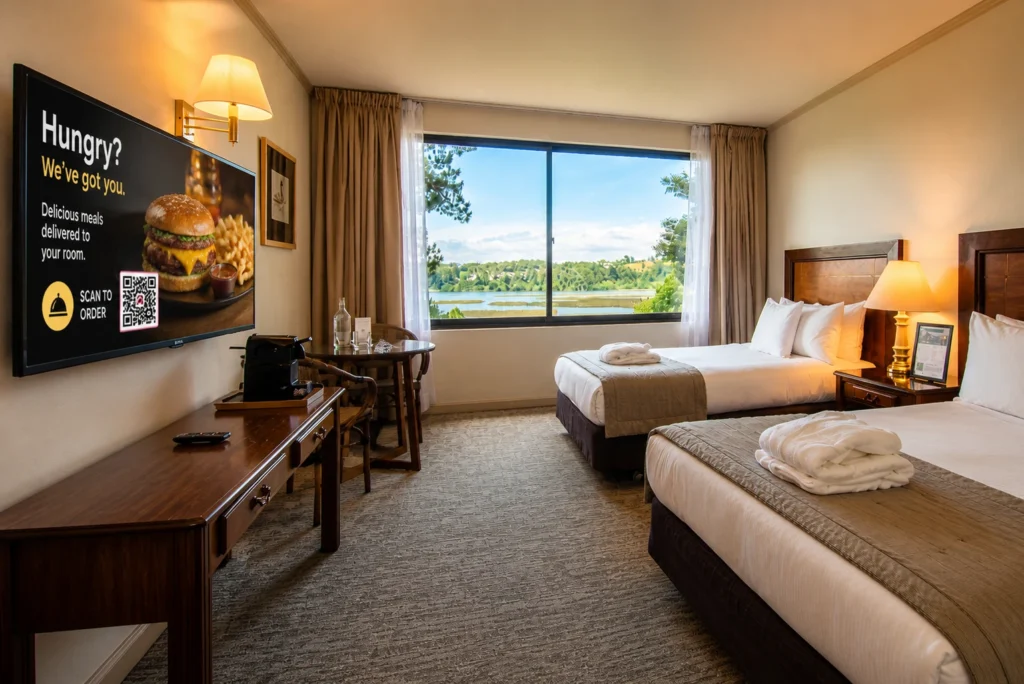 Hotel room TV displaying food promotion with QR code for room service ordering using digital signage software