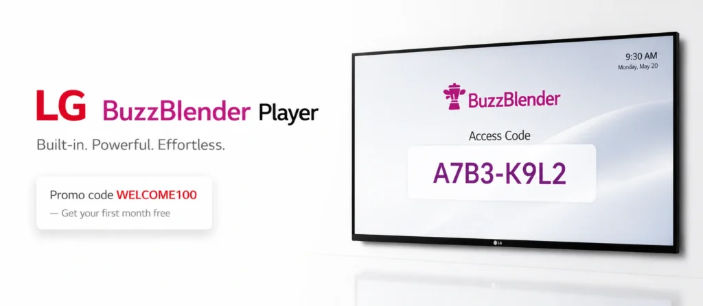 Minimalist banner showing LG signage display with BuzzBlender interface, featuring Player, Scheduler, and Settings on a modern screen with promotional offer.