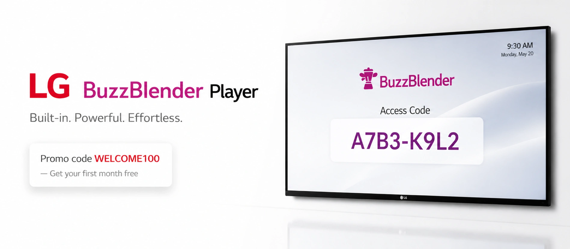 Minimalist banner showing LG signage display with BuzzBlender interface, featuring Player, Scheduler, and Settings on a modern screen with promotional offer.