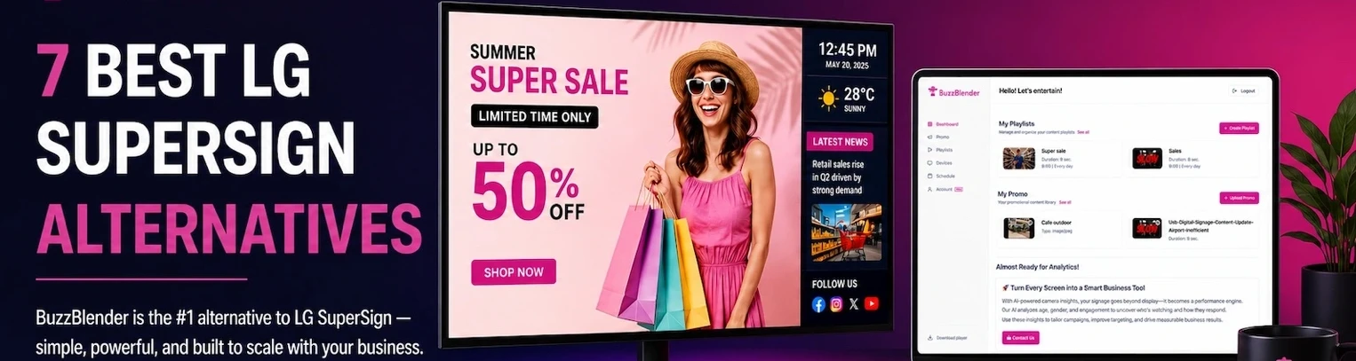 Banner for an article: '7 Best LG SuperSign Alternatives' with a smiling woman shopping on a pink ad and a product dashboard on the right.