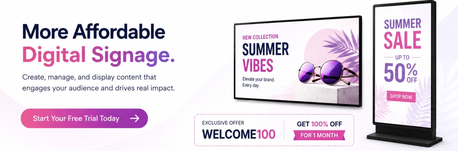 More affordable digital signage platform banner with digital display screens, summer sale promotion, and Welcome100 promo code for one free month.