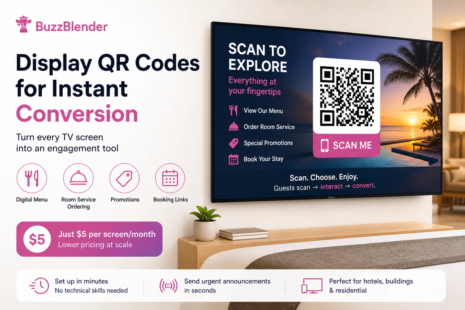 TV screen displaying QR code menu for instant ordering and promotions using digital signage in hotel room