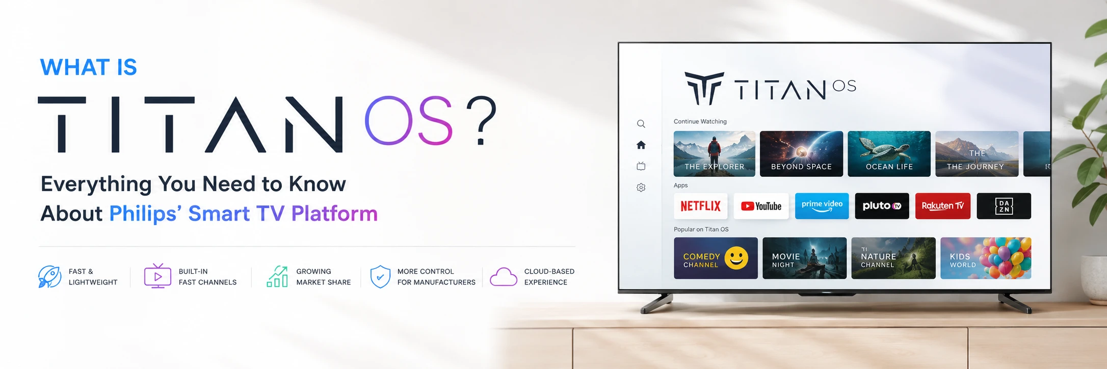 Titan OS smart TV interface displayed on Philips television with streaming apps and modern smart TV dashboard
