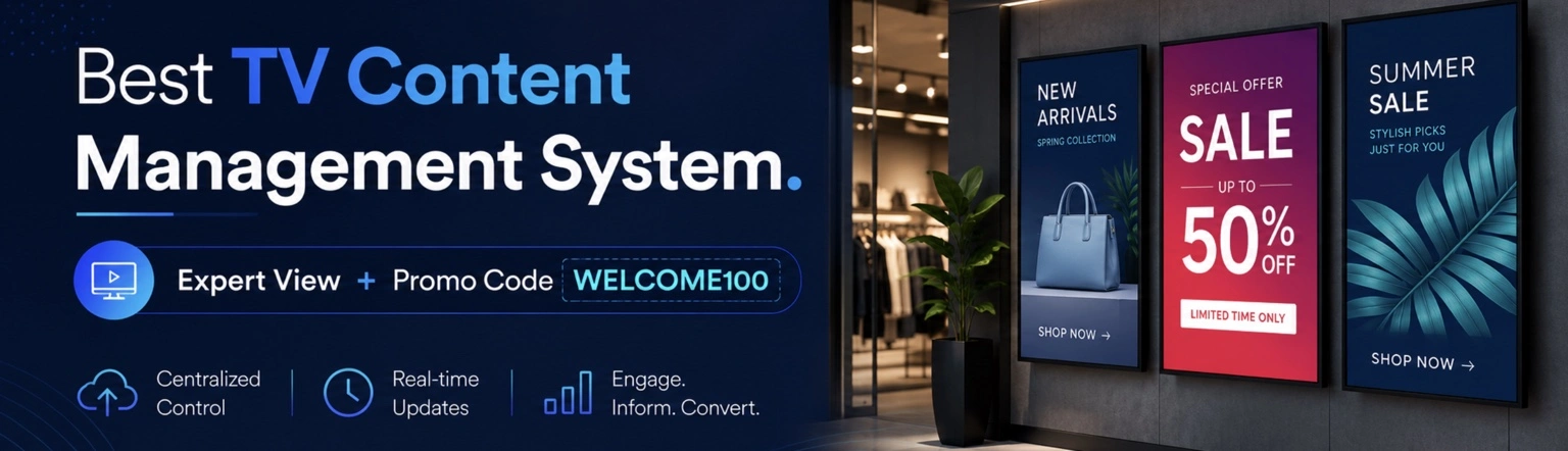 Digital signage TV content management system dashboard with promotional retail display screens showing sales, new arrivals, and summer campaign ads in a modern store environment.