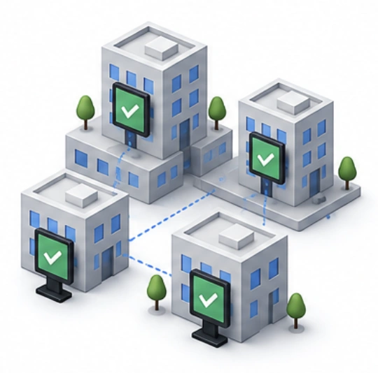 Connected buildings with digital signage screens and status indicators