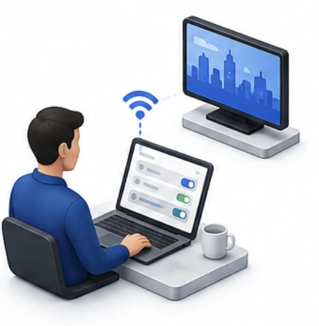 User remotely managing a digital signage screen from a laptop