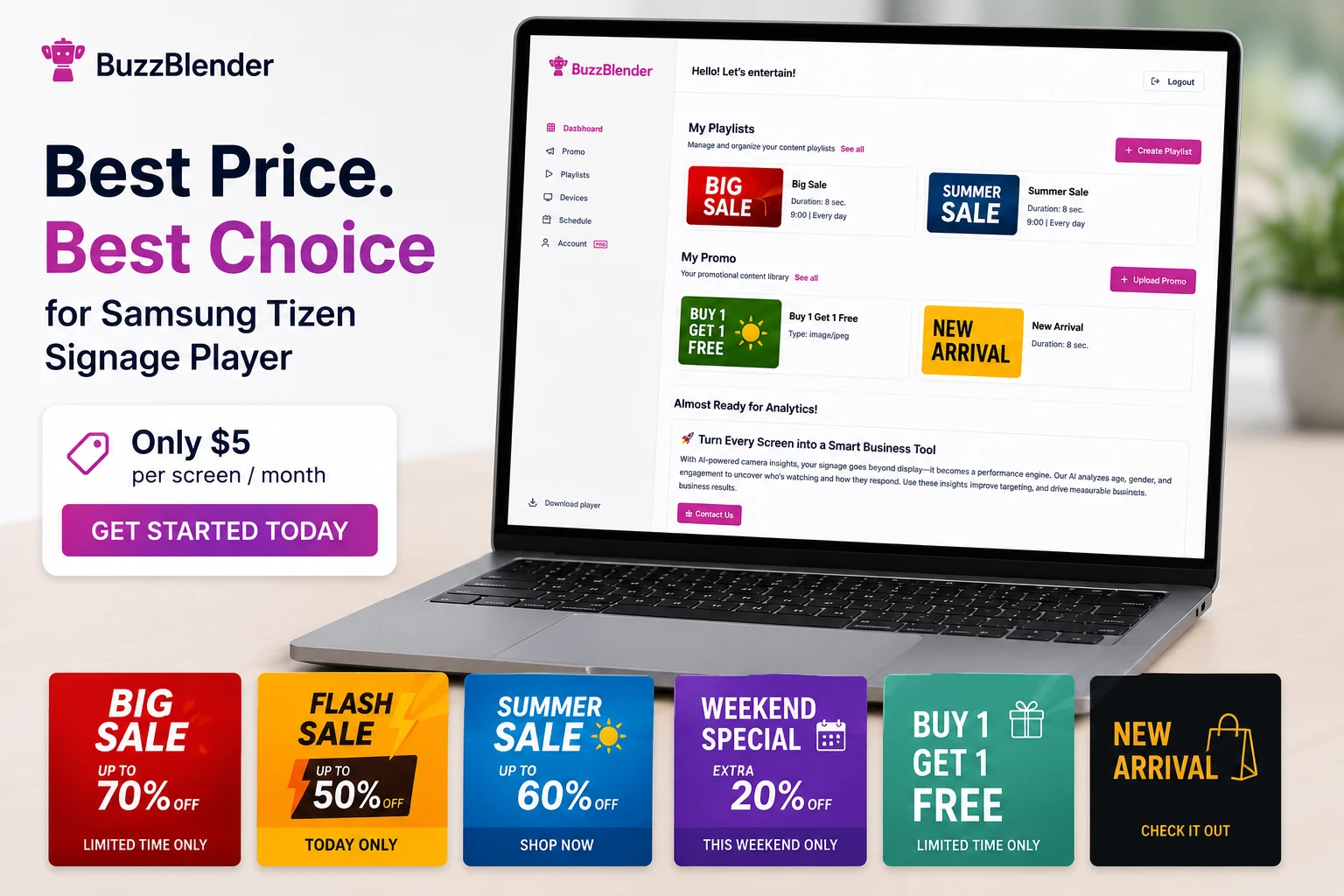 BuzzBlender Samsung Tizen digital signage software dashboard with promotional templates including flash sales, summer sales, buy one get one free offers, and new arrival campaigns.