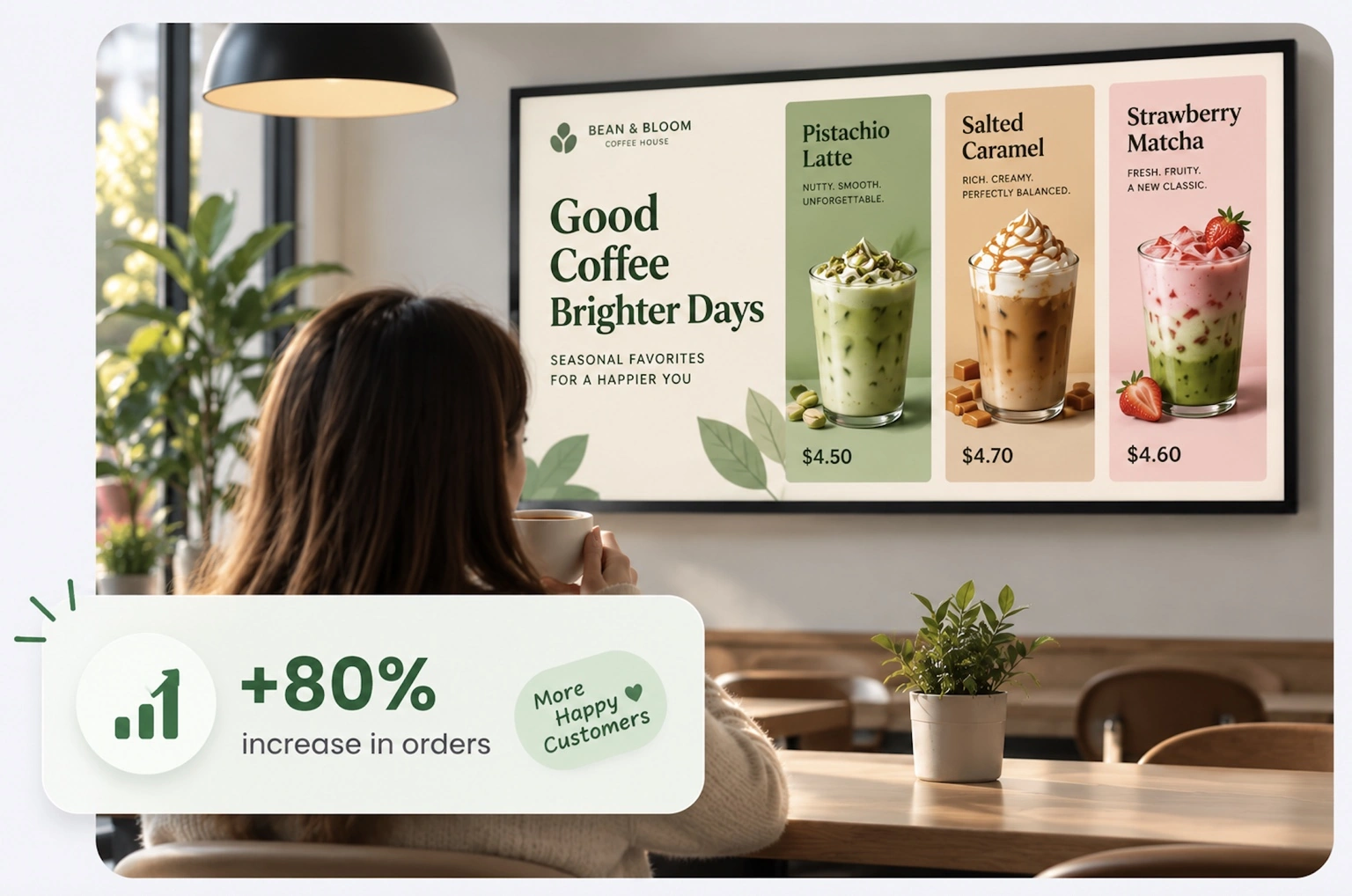 Digital menu board in a coffee shop displaying seasonal drinks and an 80% increase in orders