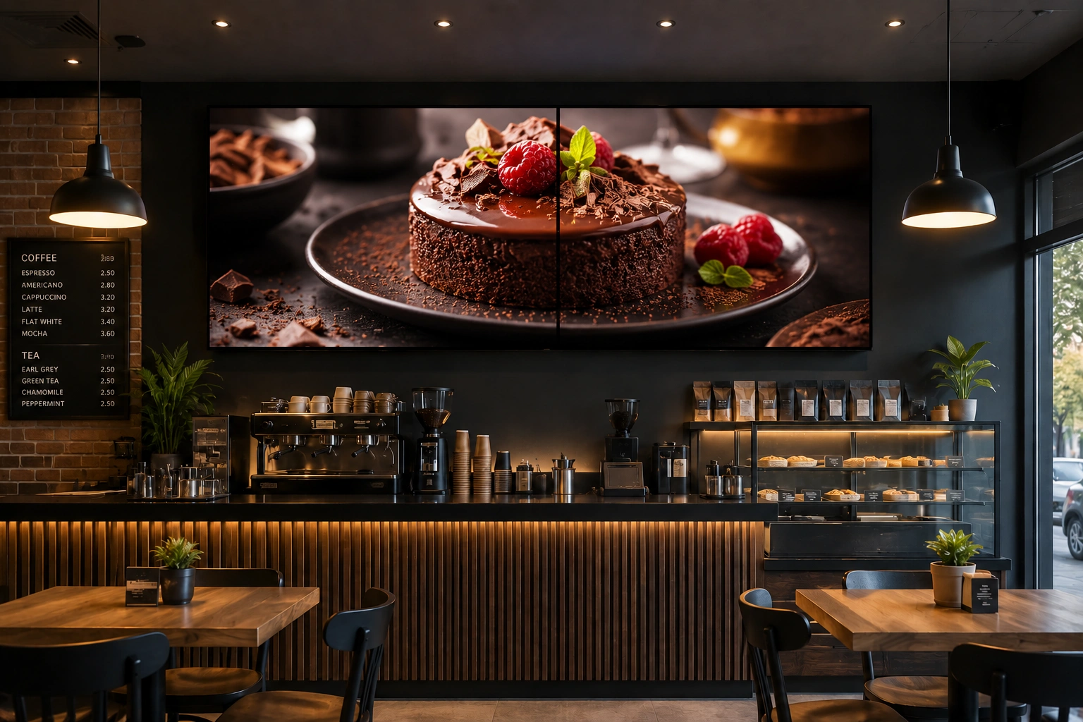 Cafe interior with a large wall mural of a chocolate cake above the counter, espresso machine, pastry display, and wooden tables.