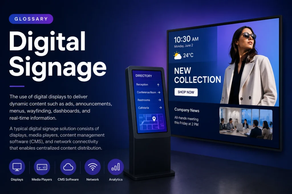 Promotional image showing a digital signage system with a tall kiosk and a wall display advertising a fashion collection.