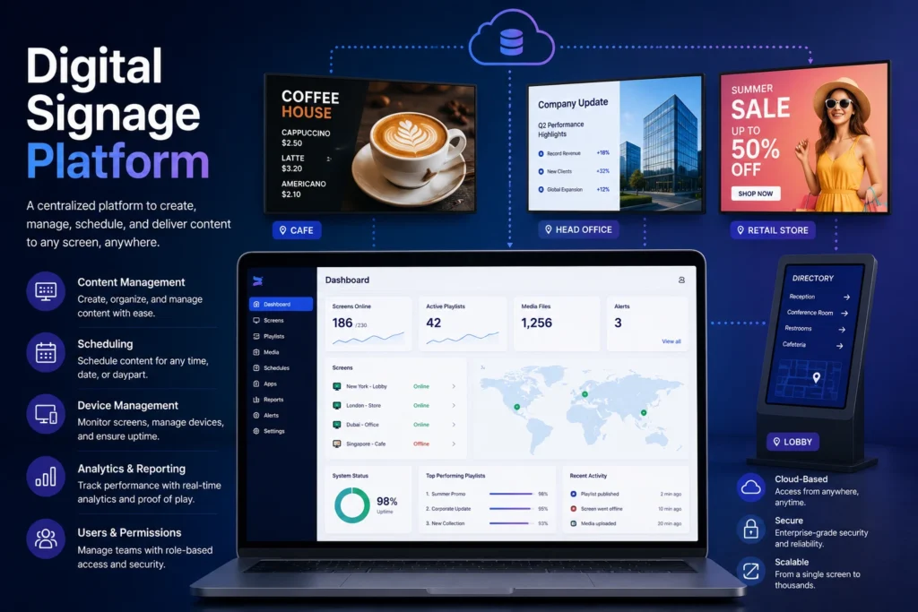 Promotional poster for a Digital Signage Platform showing a laptop dashboard and three screens (Cafe, Head Office, Retail) above it.