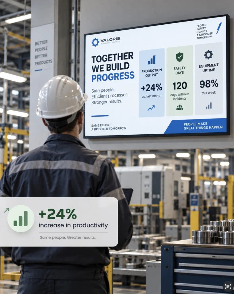 Factory digital signage displaying production, safety, and equipment performance metrics