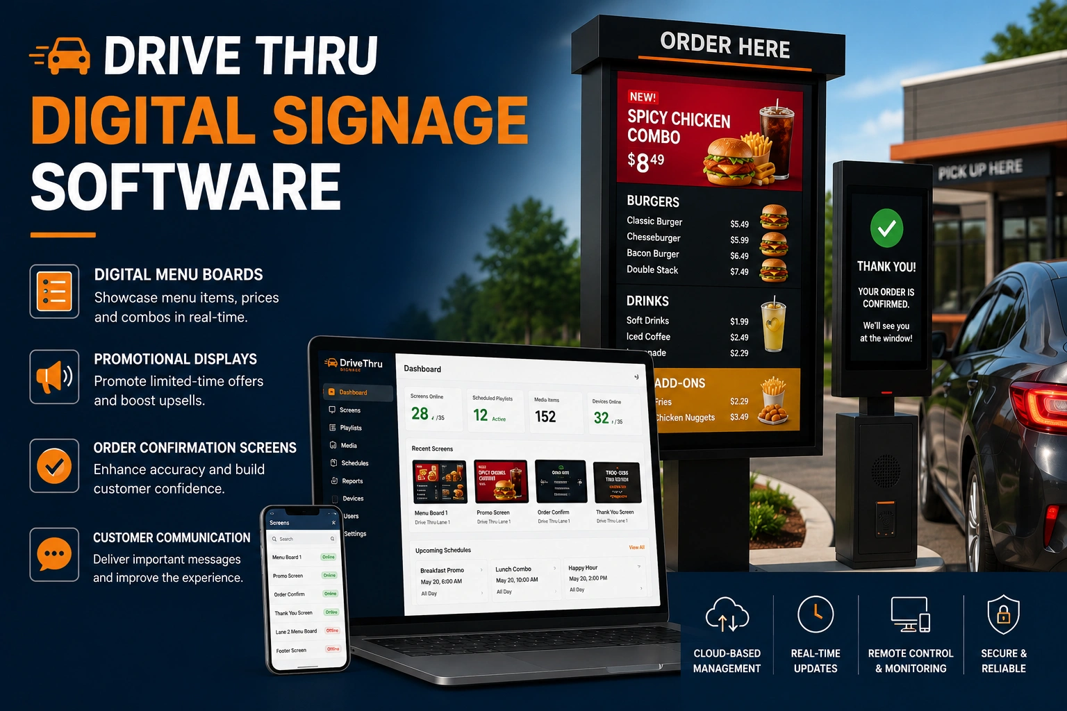 Drive-thru digital signage software dashboard managing digital menu boards, promotional displays, order confirmation screens, and customer communication systems for quick-service restaurants.