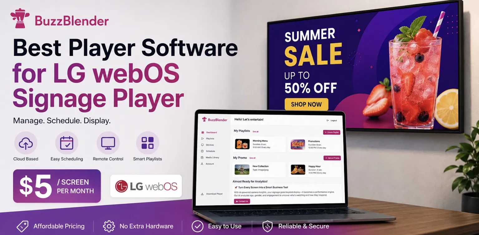BuzzBlender digital signage software dashboard displayed on a laptop with an LG webOS promotional screen showing a summer sale campaign and remote content management features.