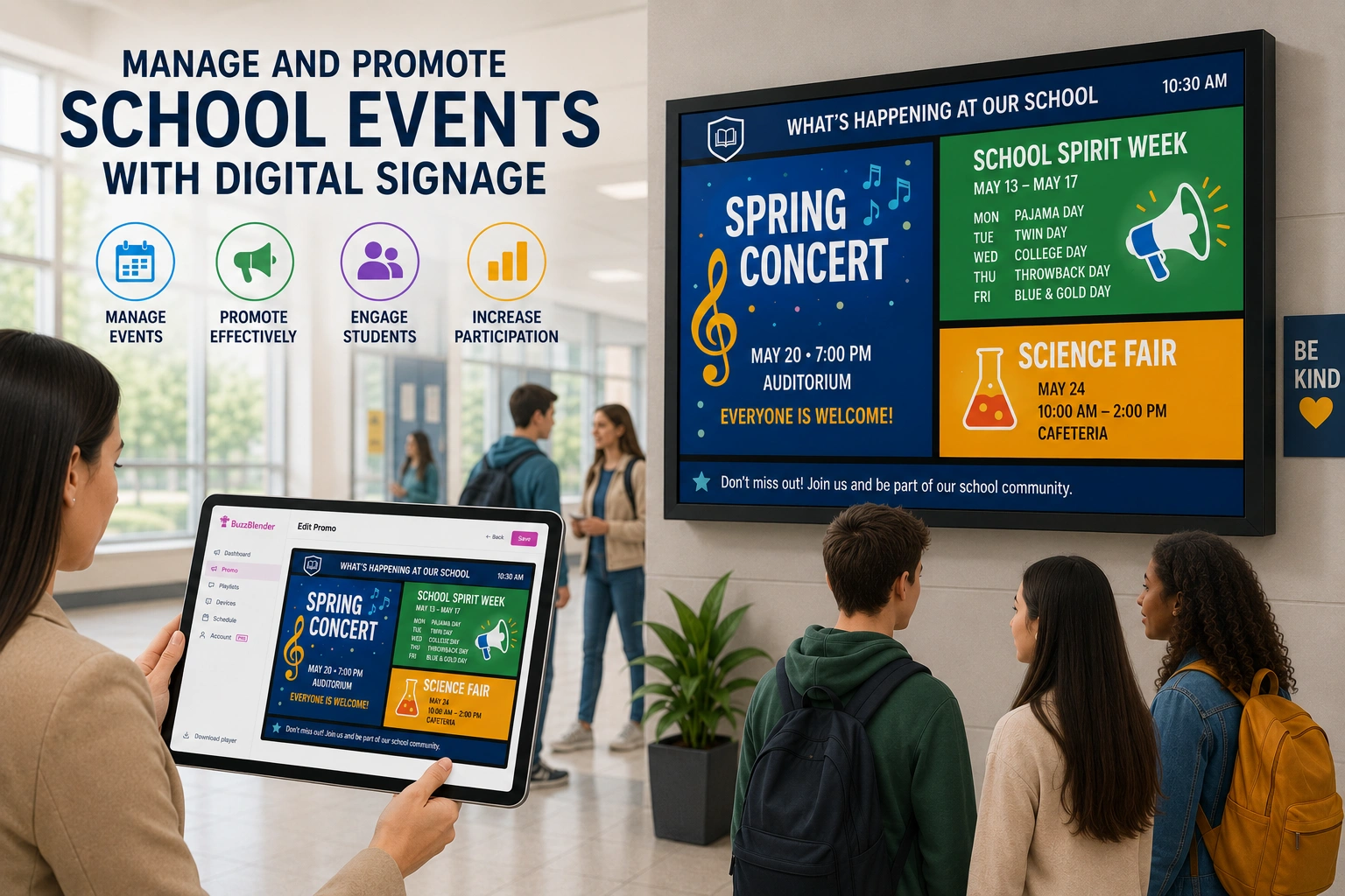 School administrator using the BuzzBlender digital signage platform on a tablet to manage and publish school event promotions displayed on a large digital screen in a school hallway.