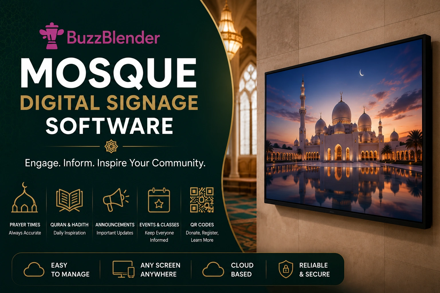 Mosque digital signage software by BuzzBlender featuring a digital display with mosque imagery, prayer time screens, event announcements, QR codes, and cloud-based screen management.