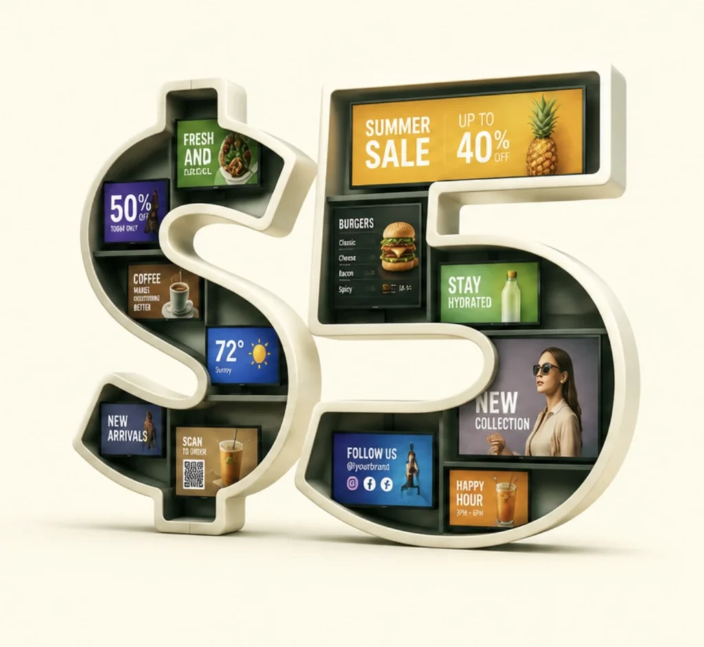 Affordable digital signage software with multiple digital displays inside a 3D dollar sign, illustrating Buzzblender's $5 per screen per month pricing model.