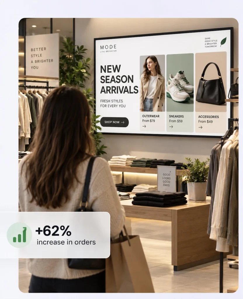 Digital signage in a fashion retail store promoting new season arrivals and increasing orders by 62%