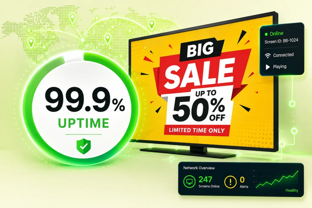 Keep every screen online with offline playback, automatic recovery, and 99.9% uptime. Even when connectivity drops, your content keeps running.