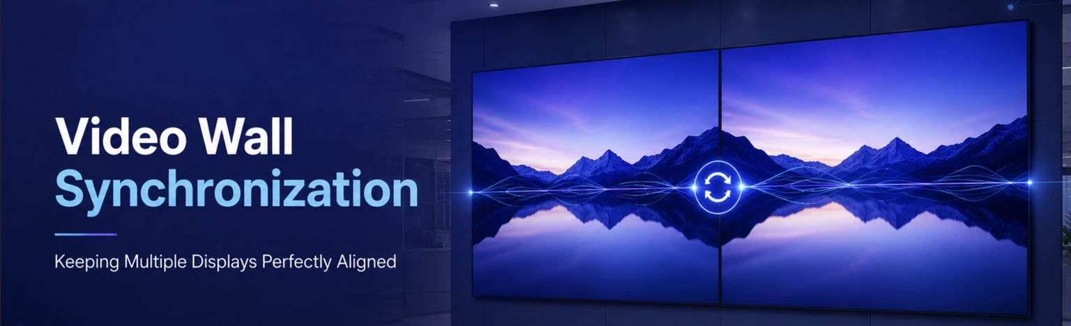 Two synchronized commercial displays demonstrating seamless video wall playback with precise timing and synchronized content delivery across multiple screens.
