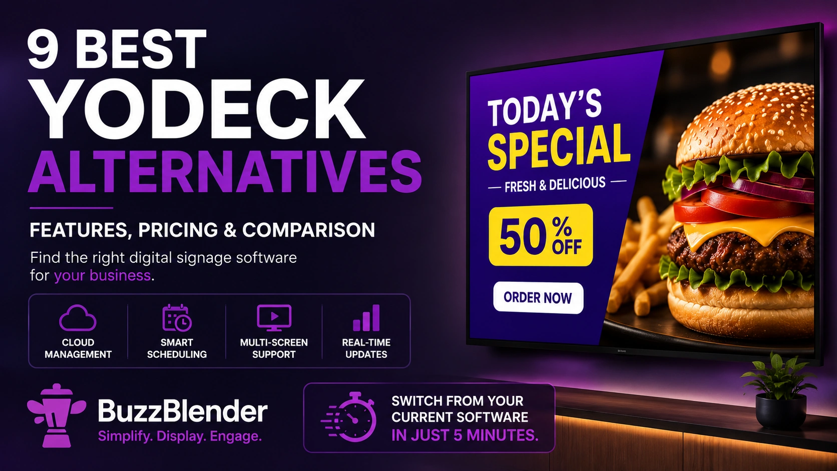 Cover image for a comparison of the 9 best Yodeck alternatives, featuring BuzzBlender as the top choice alongside digital signage pricing, features, and comparison.