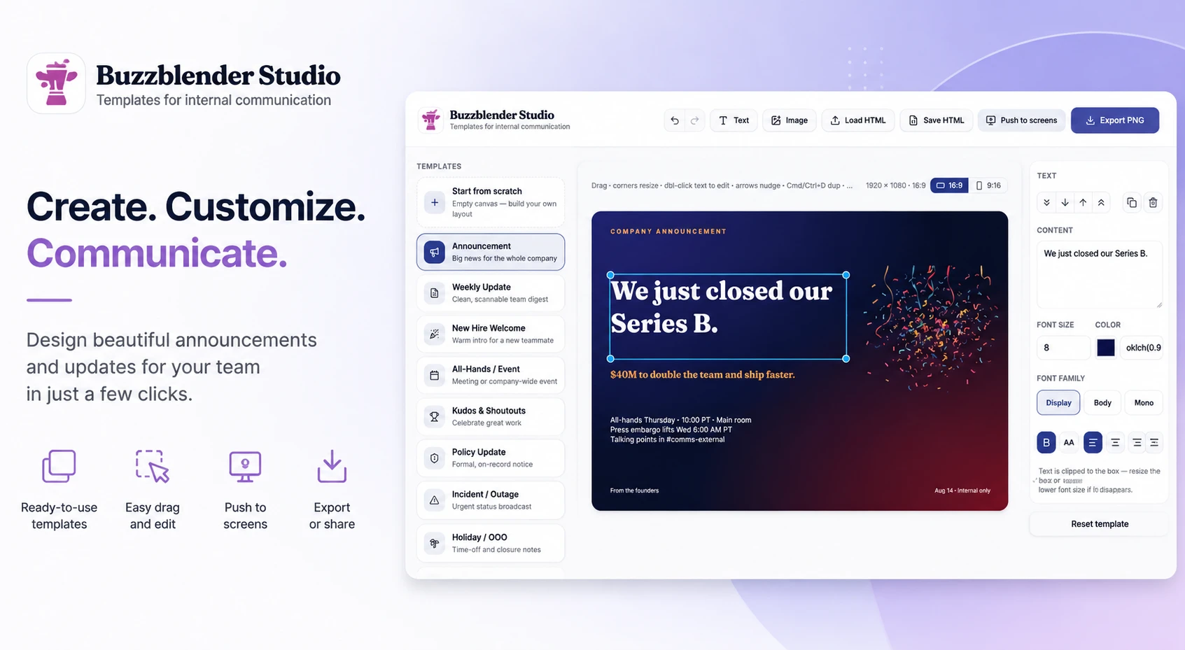 Featured image showing the Buzzblender Studio editor with an announcement template, drag-and-drop design tools, template library, text formatting options, and publishing controls for creating internal communications.