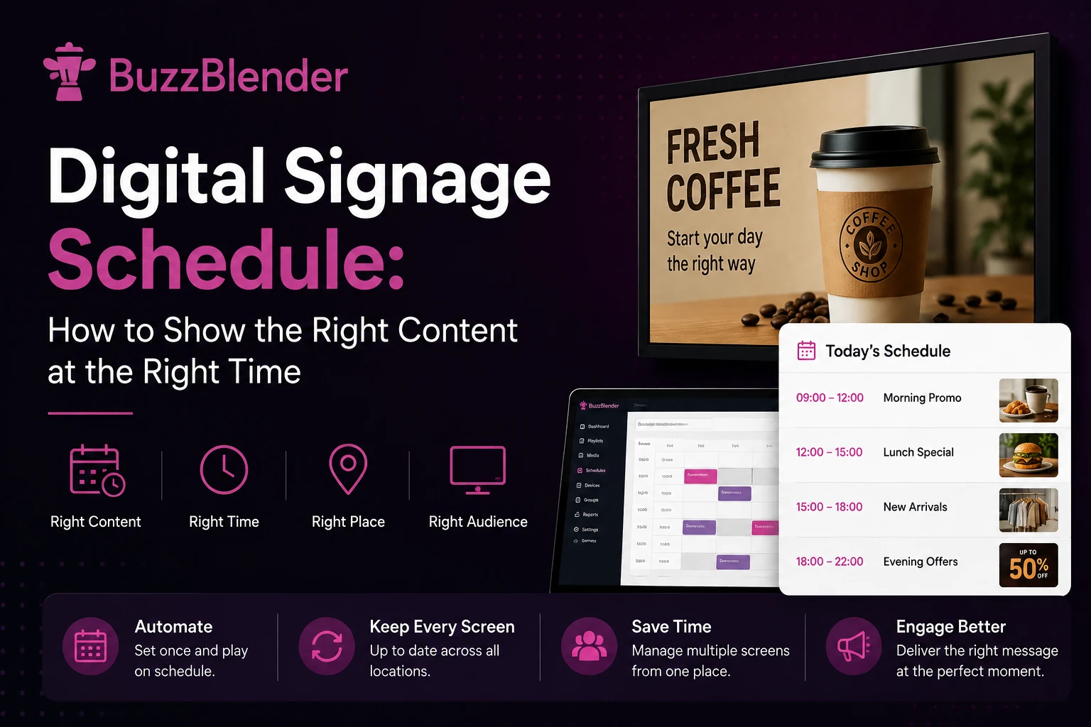 Digital Signage Schedule guide cover featuring the BuzzBlender logo, a digital display, and a playlist schedule illustrating how to show the right content at the right time.
