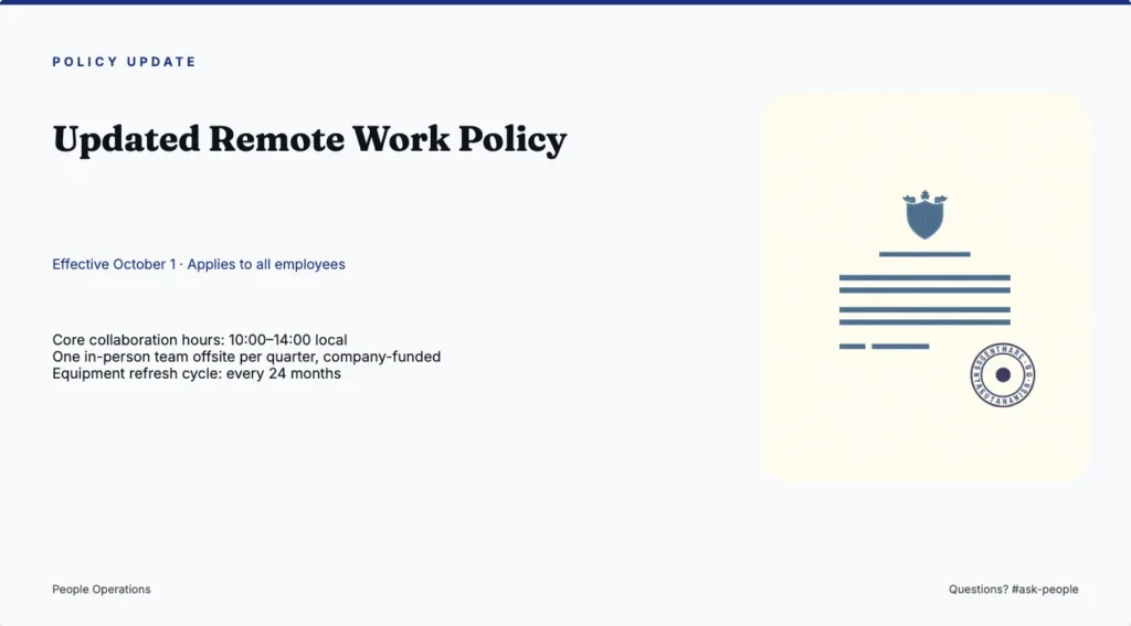 Corporate policy announcement describing revised hybrid work guidelines, collaboration hours, quarterly office visits, and employee equipment refresh cycles.