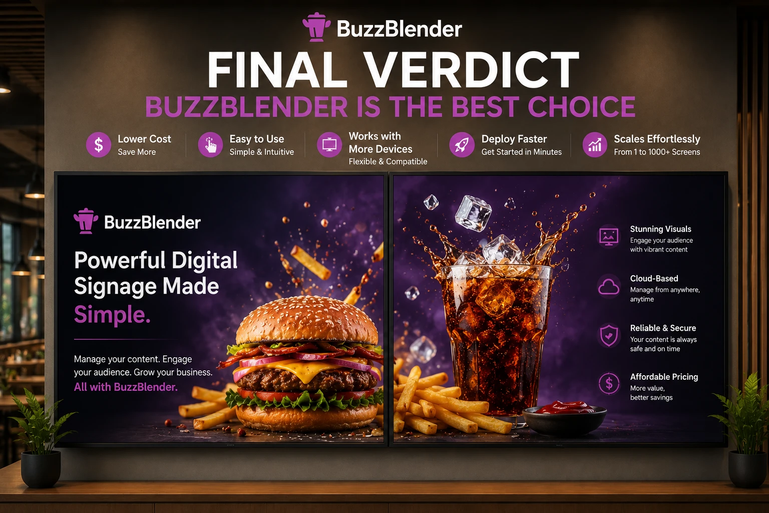 BuzzBlender Final Verdict showing a dual-screen video wall with promotional digital signage content, highlighting BuzzBlender as the best EasySignage alternative for businesses.