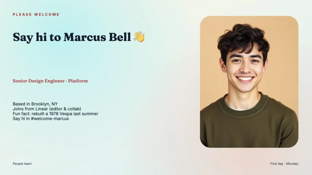 Intro hero introducing Marcus Bell, Senior Design Engineer, with a portrait on the right against a pastel gradient background.