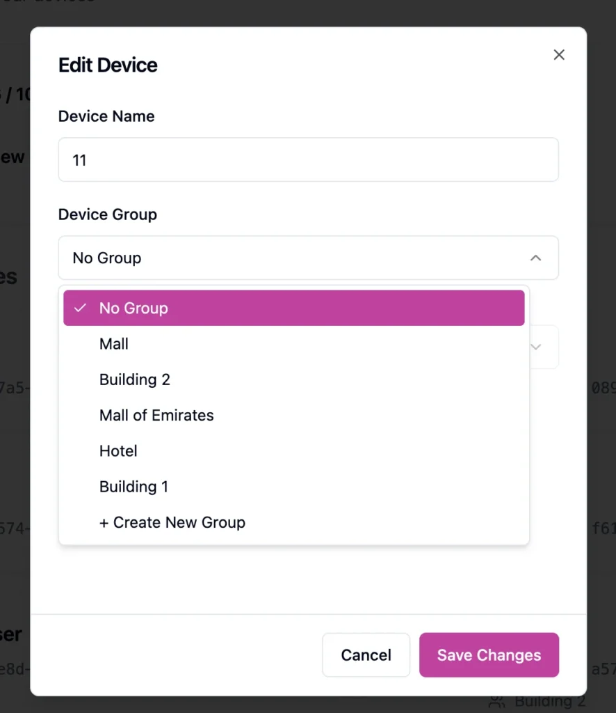 Edit Device window showing the Device Group dropdown with existing groups and the option to create a new device group
