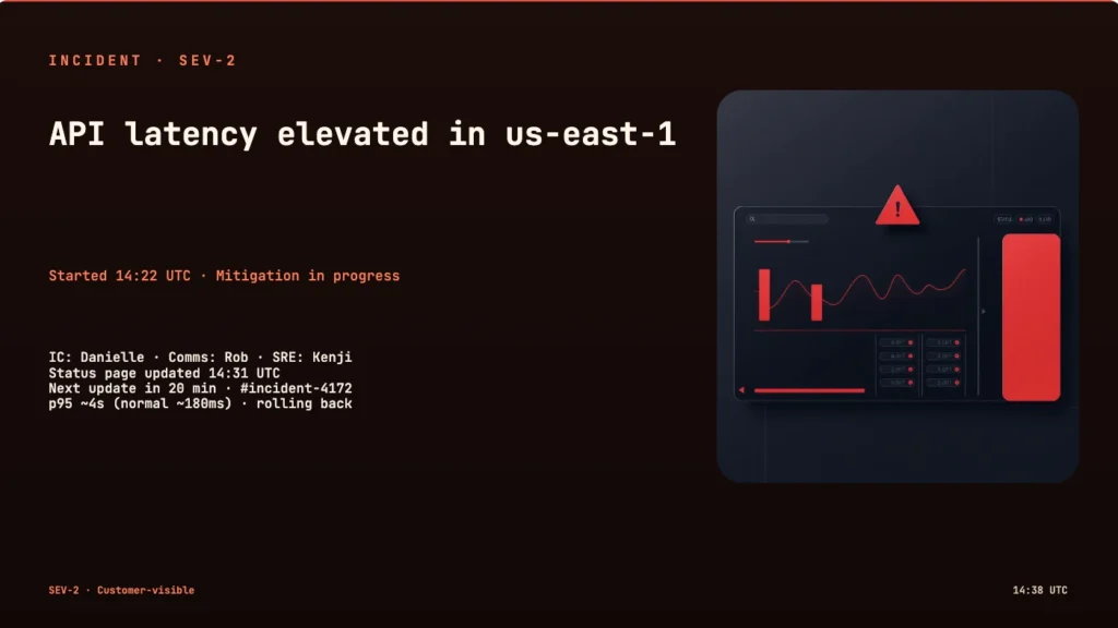 Incident dashboard reporting elevated API latency in the US-East-1 region with mitigation in progress.