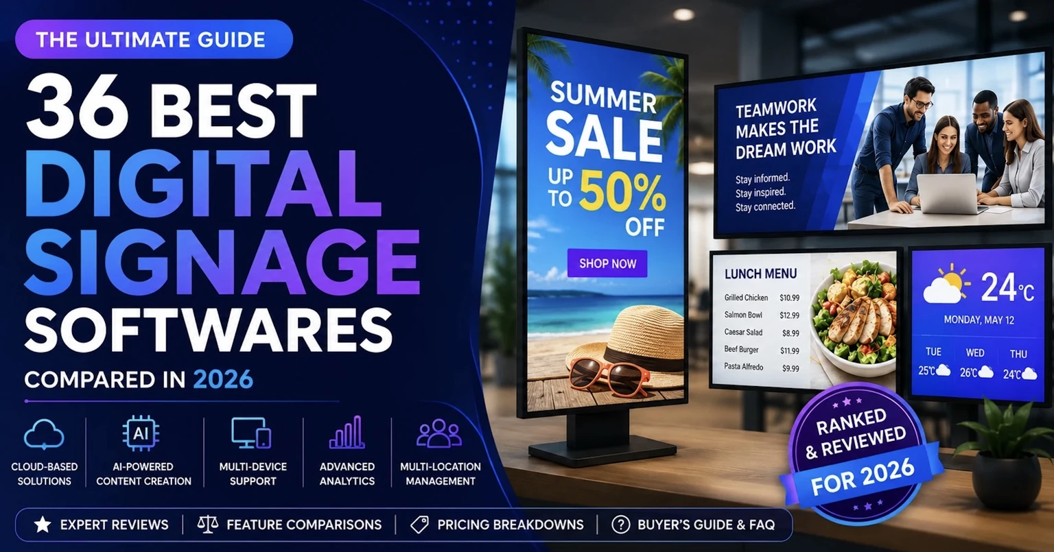 Featured image for the 36 Best Digital Signage Softwares Compared in 2026 guide showing digital signage displays, feature comparison, and expert reviews.