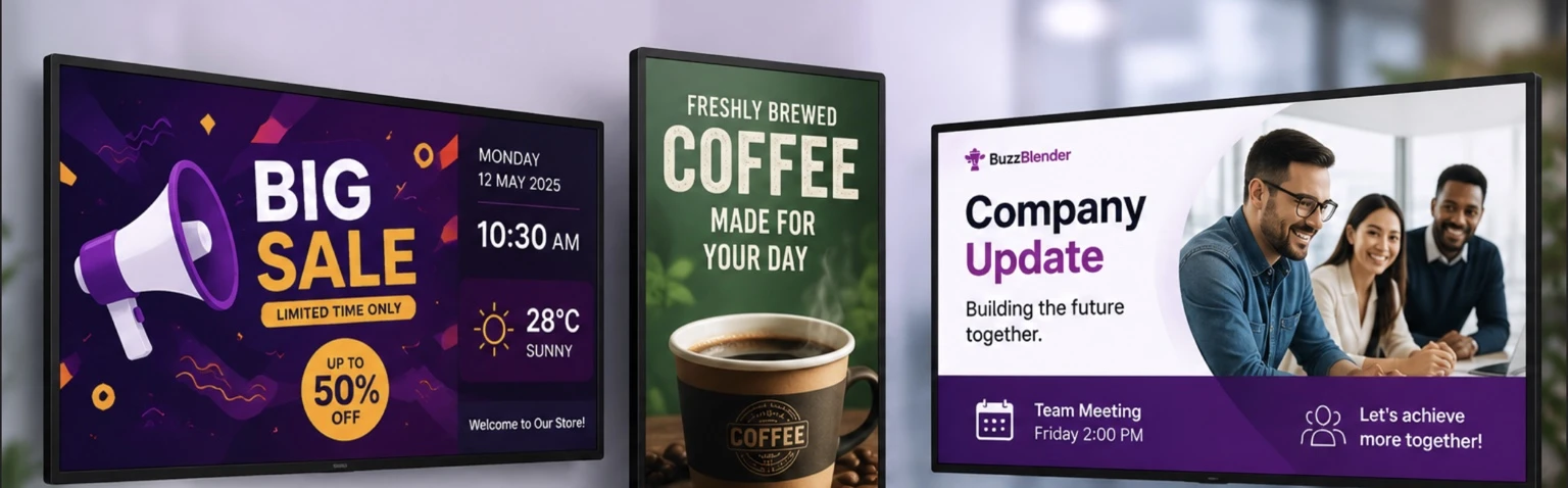 Digital signage displays showing promotional sale, coffee advertisement, and company update content on modern digital screens.
