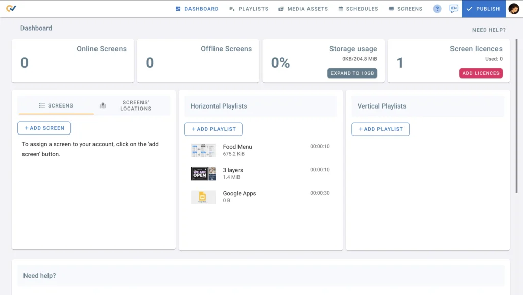 EasySignage dashboard showing cloud-based digital signage management with screens, playlists, media assets, schedules, and remote publishing tools.