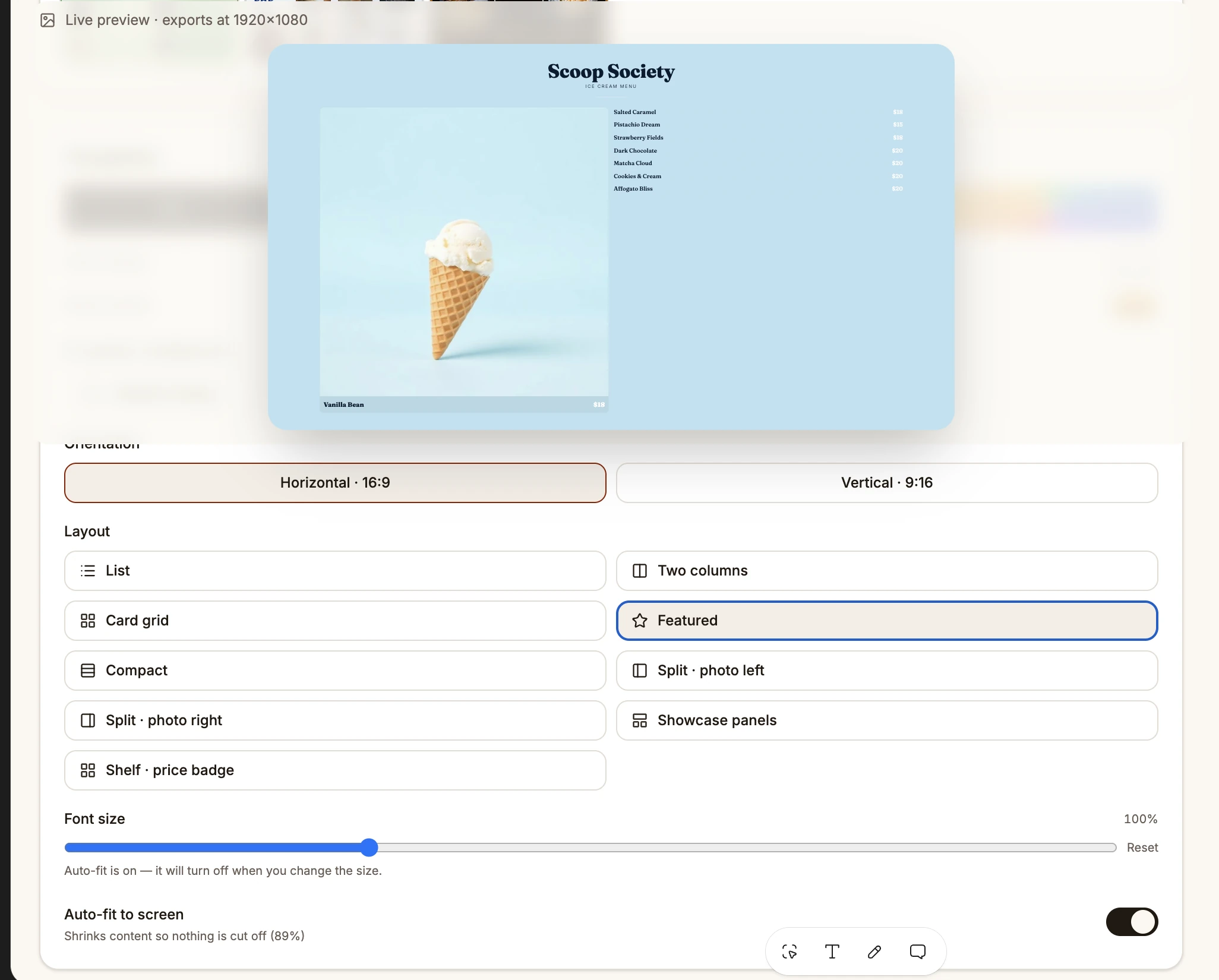 Menu board editor. Featured layout. Ice cream menu mockup titled Scoop Society on a light blue panel, with a vanilla cone image on the left.