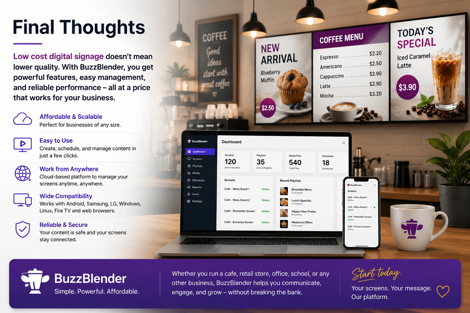 BuzzBlender cloud digital signage software displayed on a laptop and digital menu boards in a modern cafe, showcasing affordable digital signage for businesses.