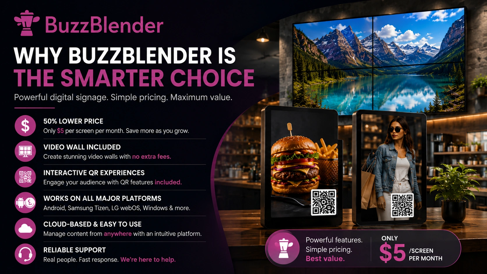 Final verdict comparing BuzzBlender and OptiSigns pricing, highlighting lower costs, included Video Wall support, interactive QR features, and digital signage management for businesses.