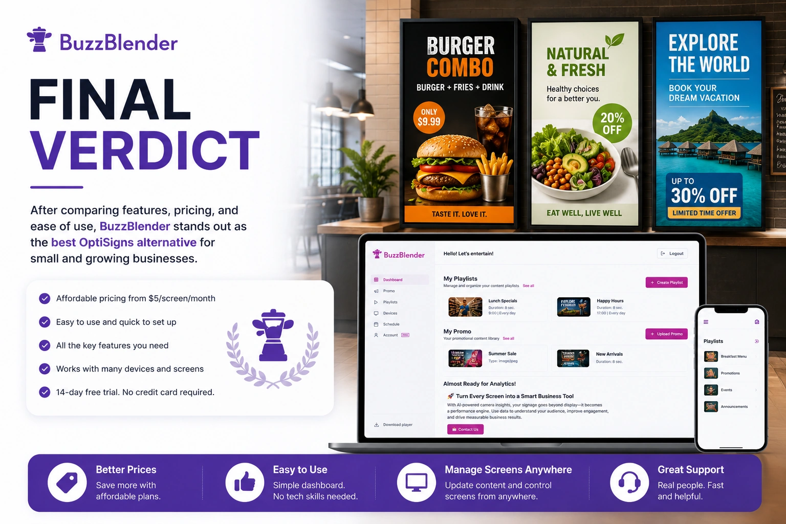 Final verdict comparing BuzzBlender and OptiSigns, showing the BuzzBlender dashboard with commercial digital signage displays promoting restaurant, retail, and travel offers.