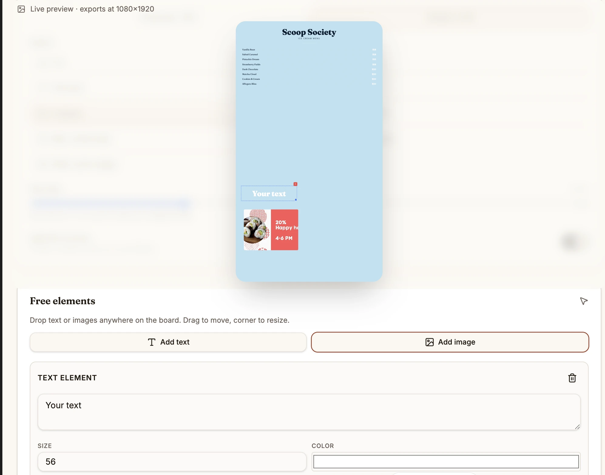 Menu Board Editor UI. Free elements editor UI
