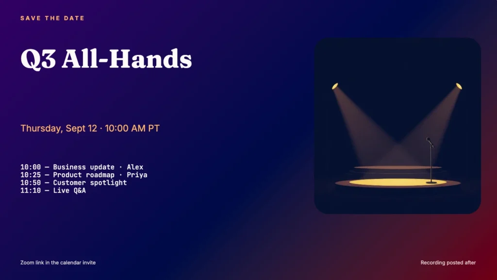 Save the date announcement for the Q3 company all-hands meeting with presentation agenda.