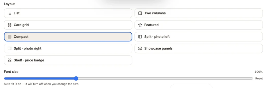 Layout options grid showing choices: List, Two columns, Card grid, Featured, Compact (selected), Split photo left, Split photo right, Shelf, Showcase panels; font size at 100%.