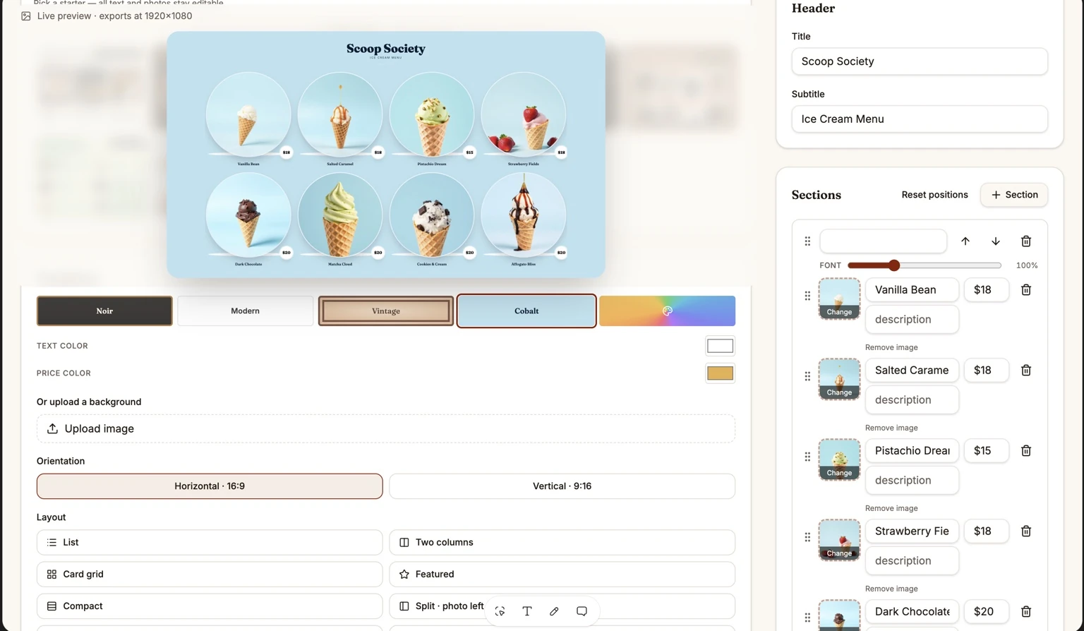 Mockup of an ice cream menu card titled 'Scoop Society' with flavor cones in circular frames on a light blue background, shown in an editor UI.
