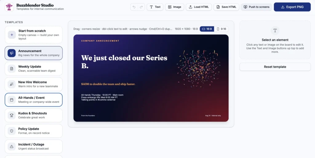 Screenshot of the Buzzblender Studio editor showing an announcement template with the headline “We just closed our Series B,” a template sidebar, editing tools, and an Export PNG button.