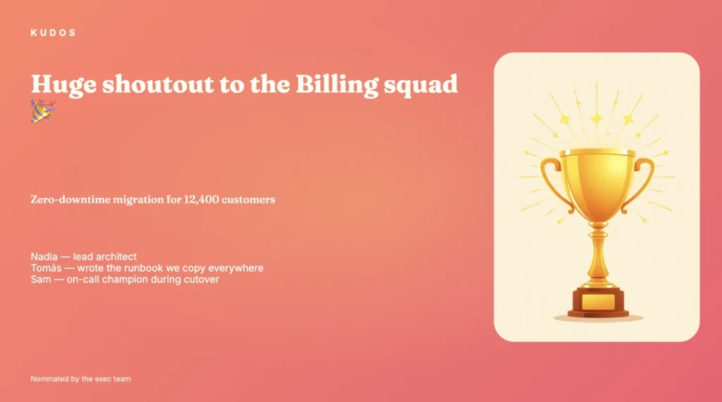 Announcement slide celebrating the Billing squad for zero-downtime migration of 12,400 customers; trophy on the right symbolizes the win.