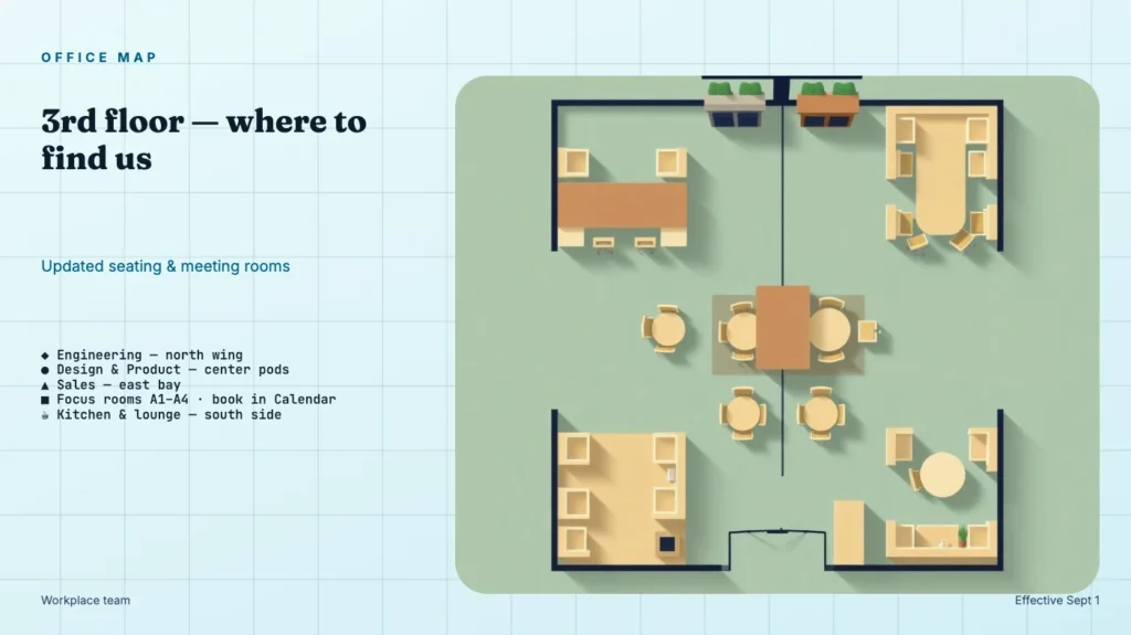 Illustrated 3rd floor office map showing engineering, product, sales, meeting rooms, kitchen, and workspace layout.