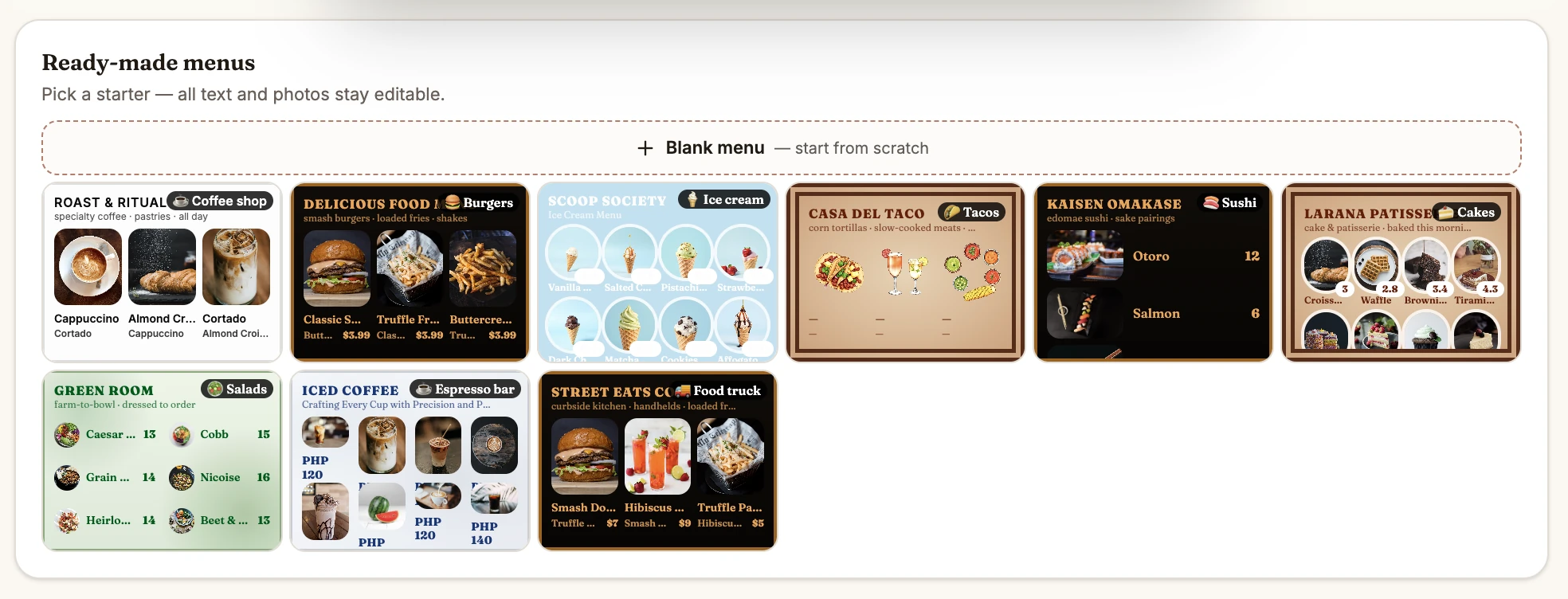 Menu board editor. UI. Templates