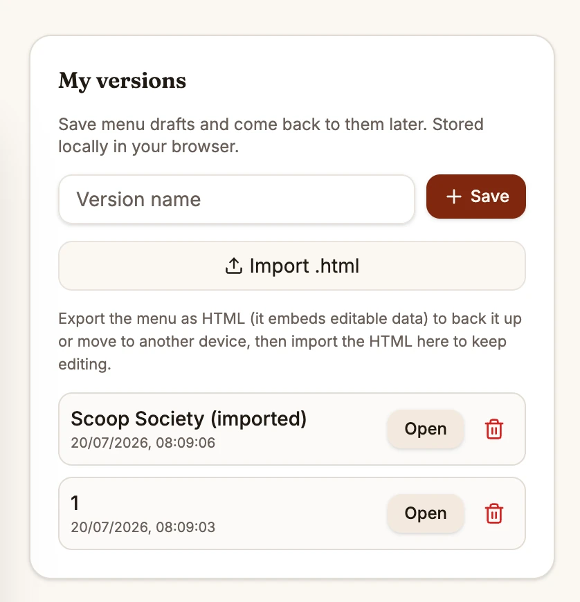 Menu Board Editor UI with options to save a version and import an HTML file.